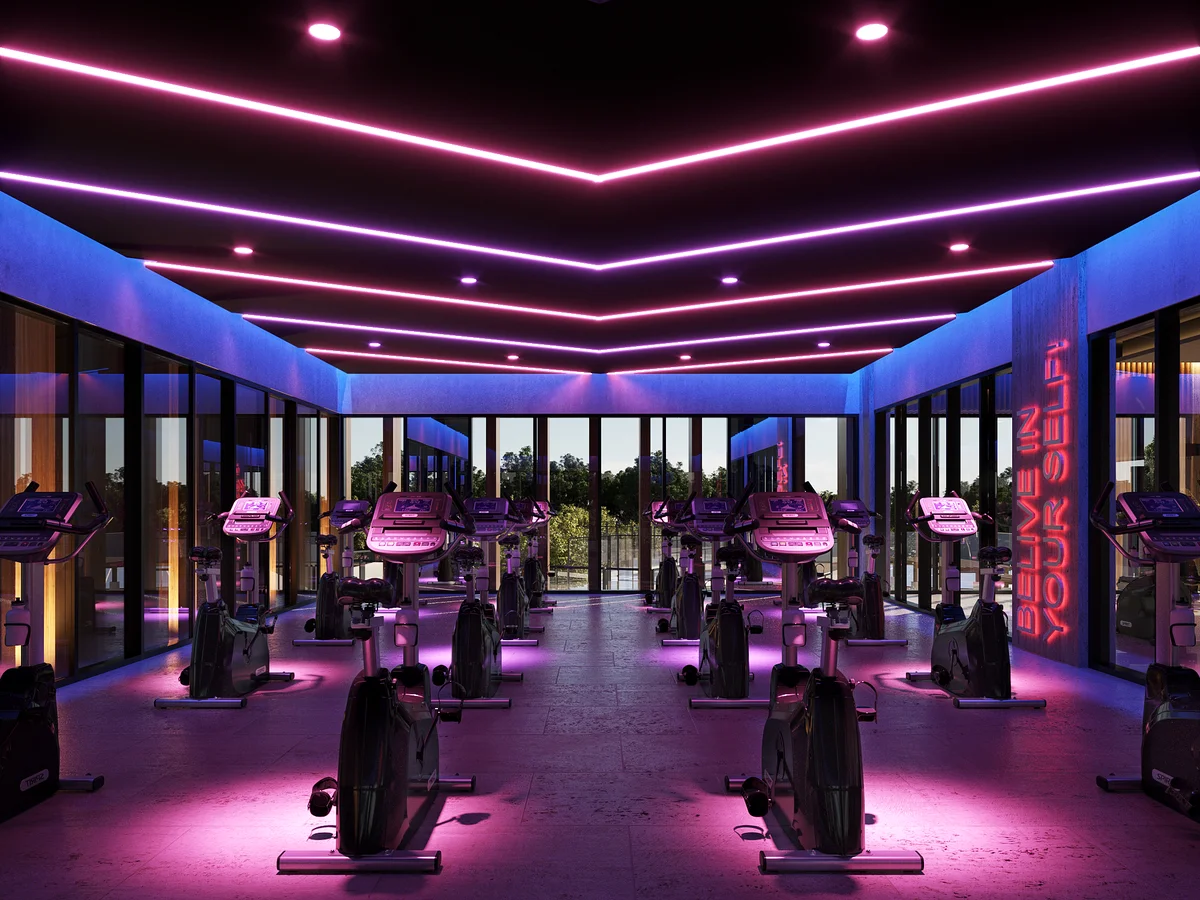 Image of a Fitness Center, featuring Spin Studio and Modern Gym.