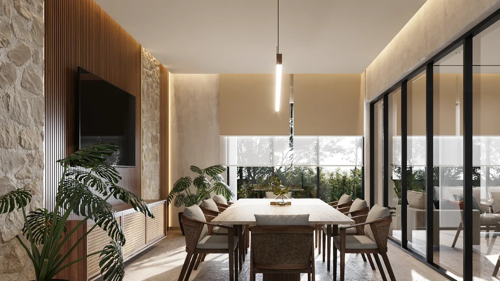 Image of a Dining Room, featuring Stone Accent Wall and Wood Slat Wall.