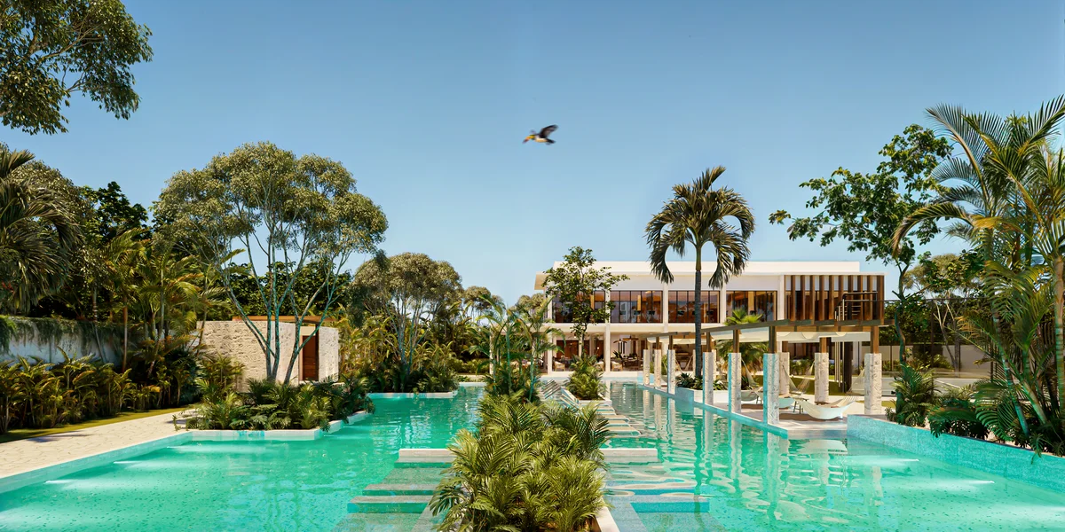 Image of a Resort-Style Pool, featuring Luxury Villa and Tropical Landscaping.