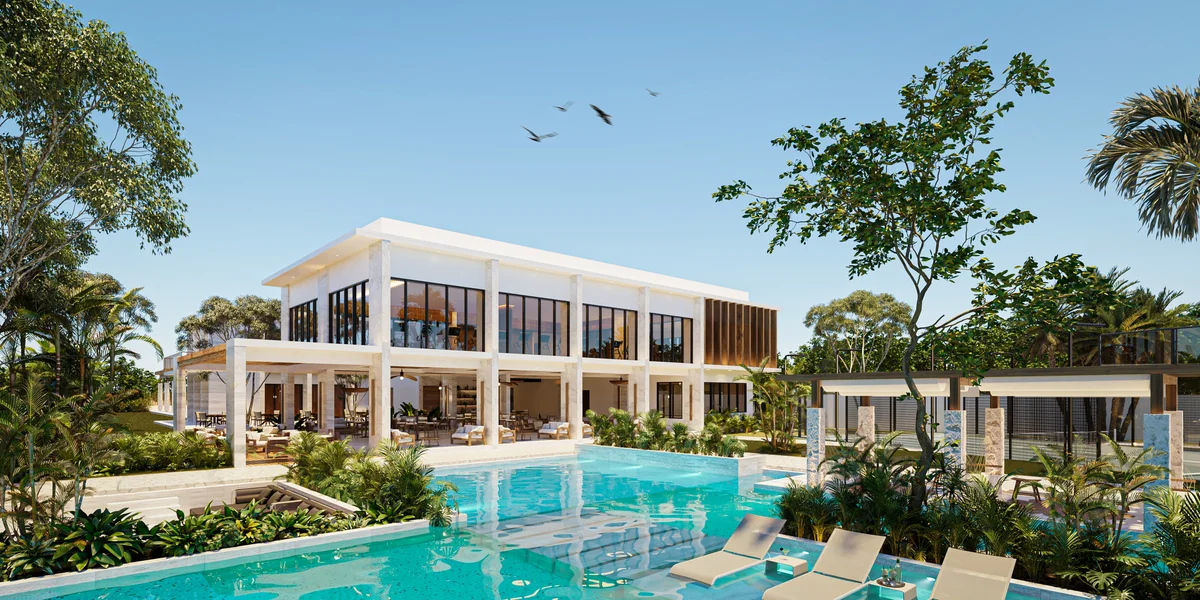 Image of a Resort-Style Pool, featuring Modern Clubhouse and Tropical Landscaping.