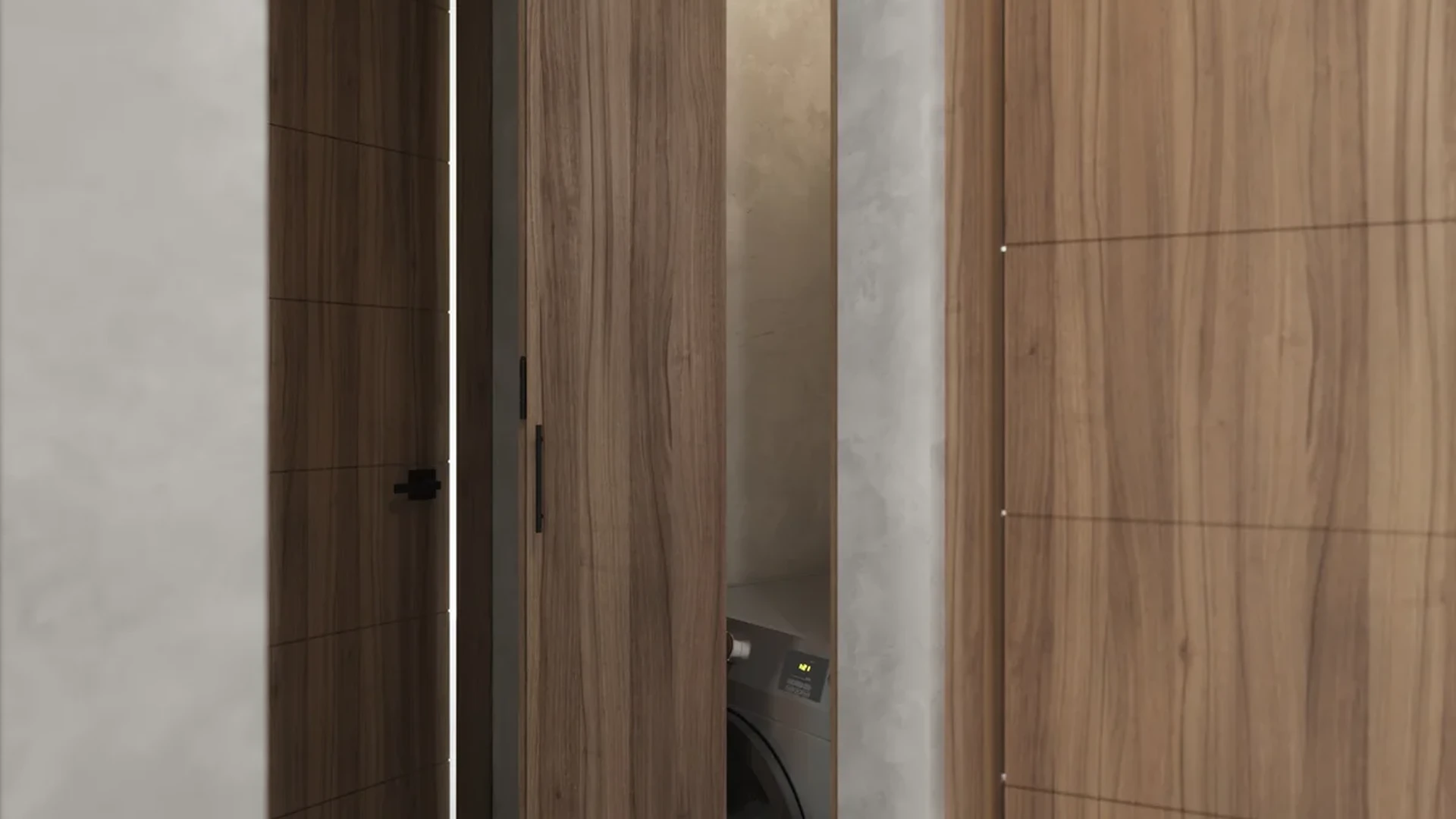 Image of a Integrated Laundry Closet, featuring Wood Paneling and Stone Tile Flooring.