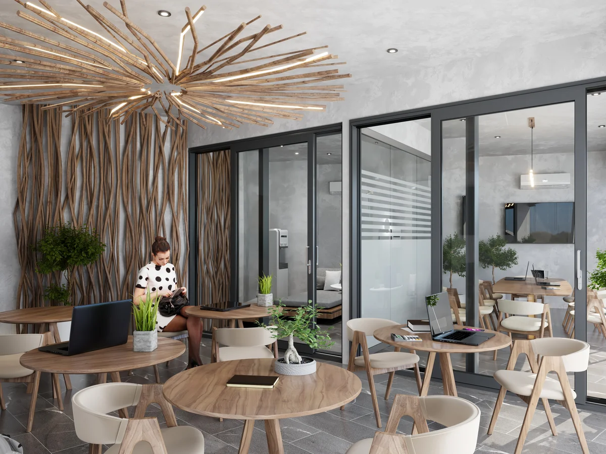 Image of a Coworking Space, featuring Resident Lounge and Biophilic Design.