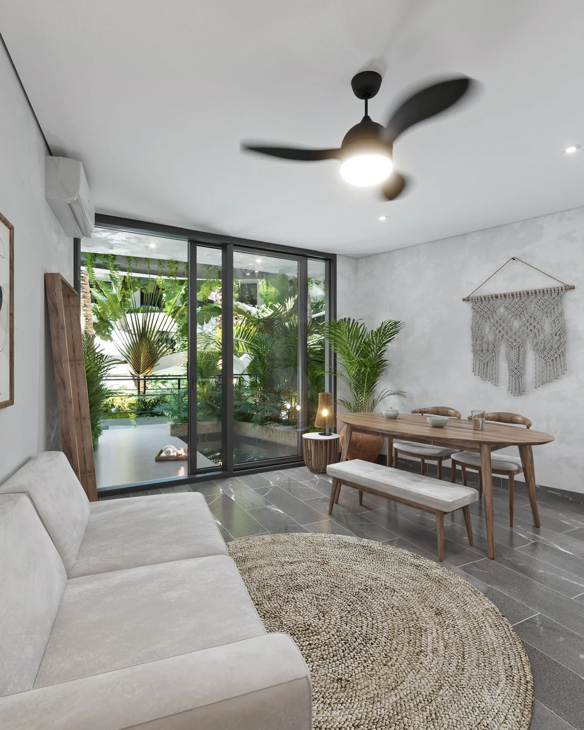 Image of a Living & Dining Area, featuring Floor-to-Ceiling Sliding Doors and Private Terrace.