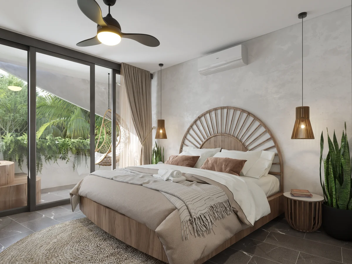 Image of a Master Bedroom, featuring Private Balcony and Lush Garden View.
