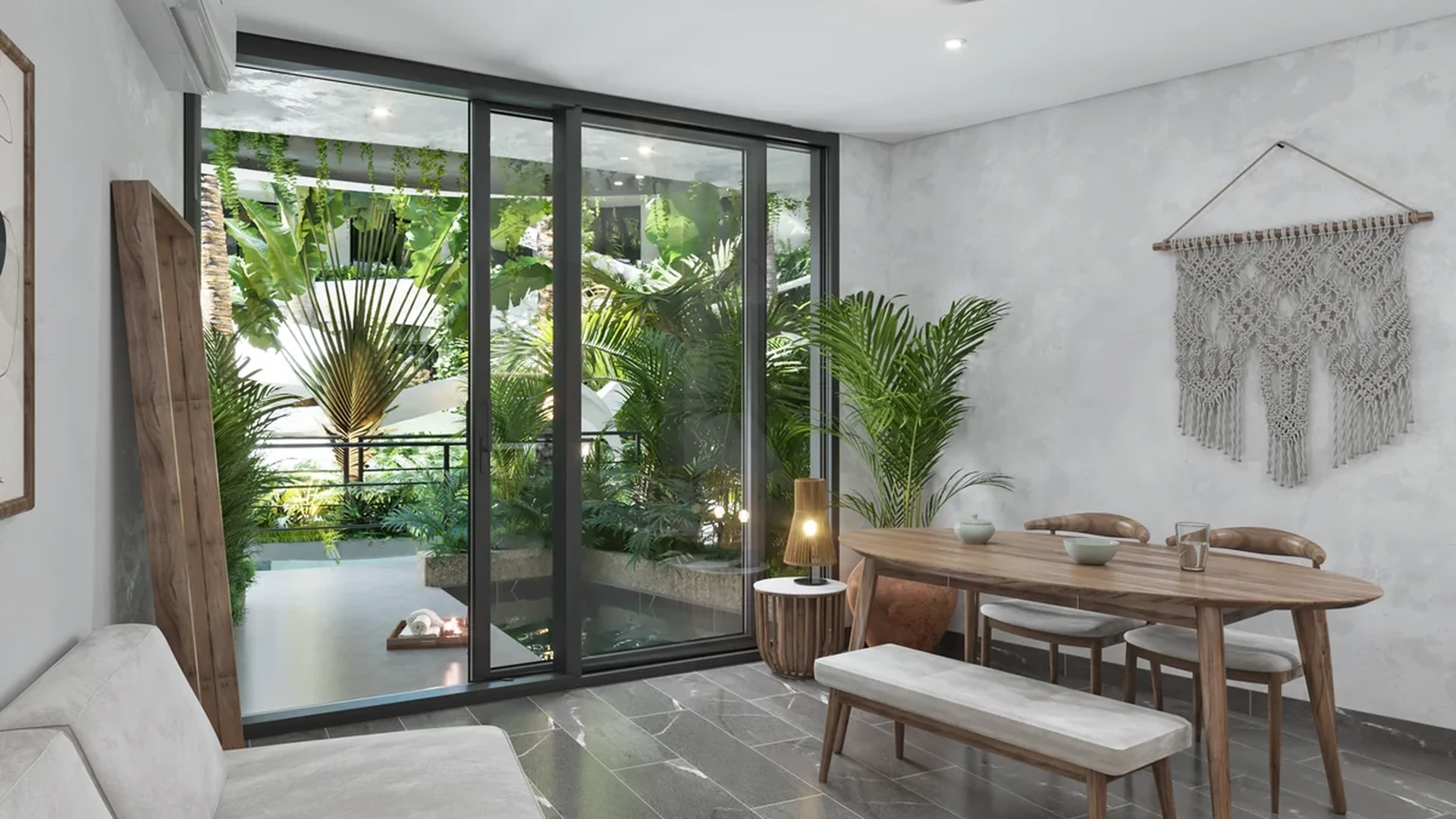 Image of a Living & Dining Area, featuring Floor-to-Ceiling Sliding Doors and Private Terrace.