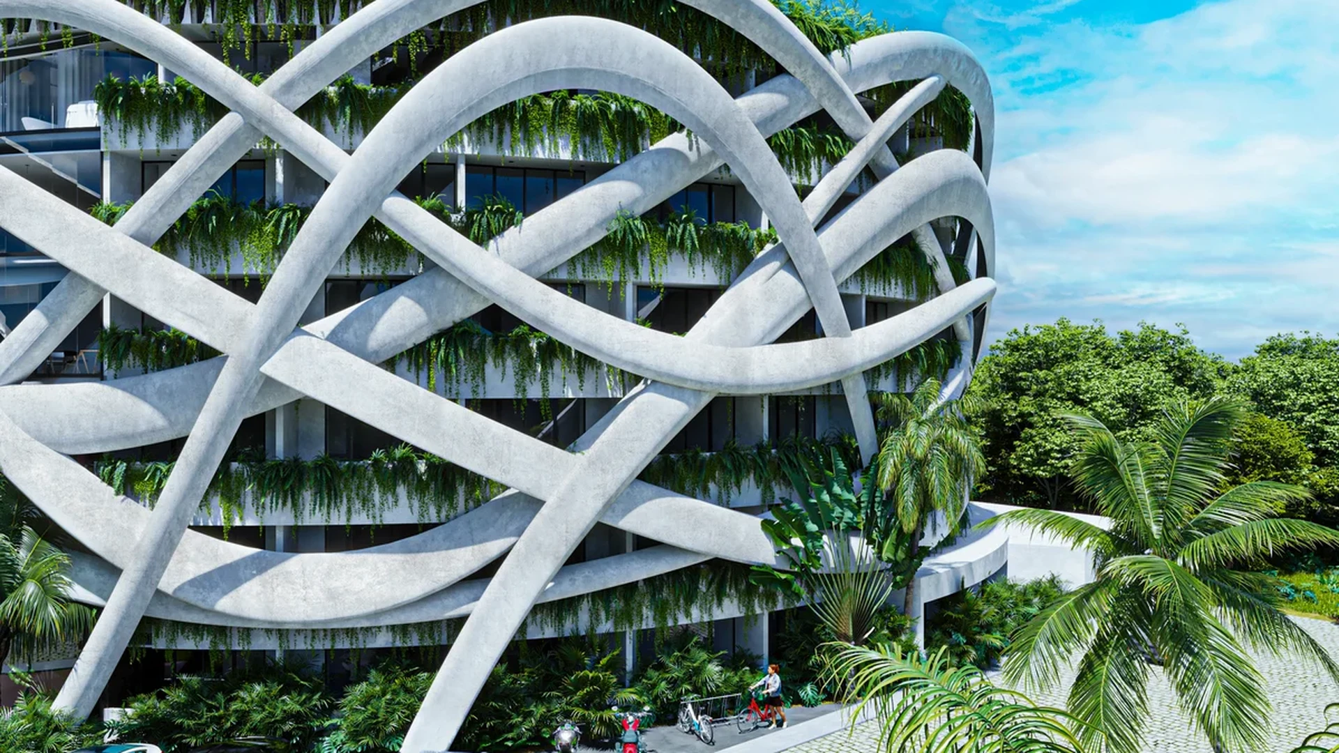 Image of a Modern Architecture, featuring Sculptural Facade and Biophilic Design.