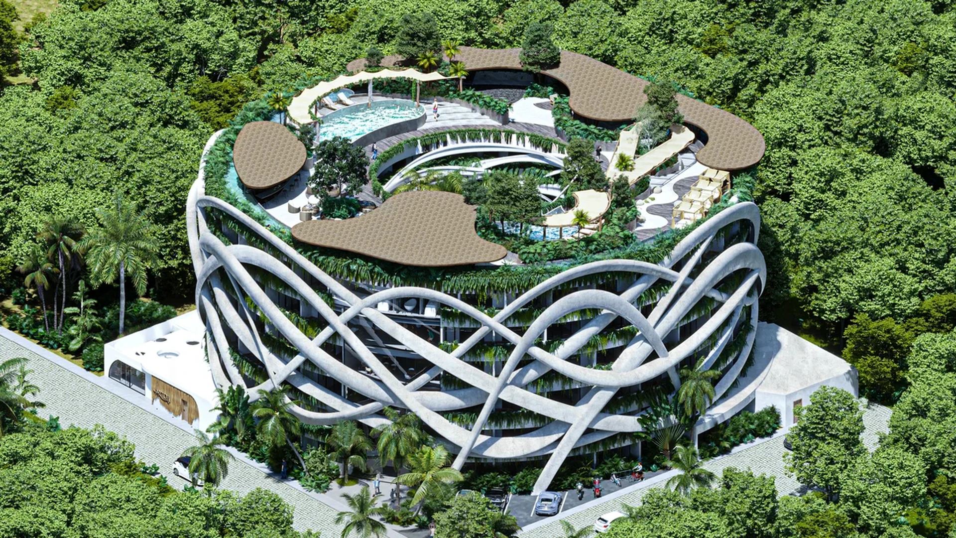 Image of a Unique Architectural Design, featuring Rooftop Pool Deck and Lush Jungle Setting.