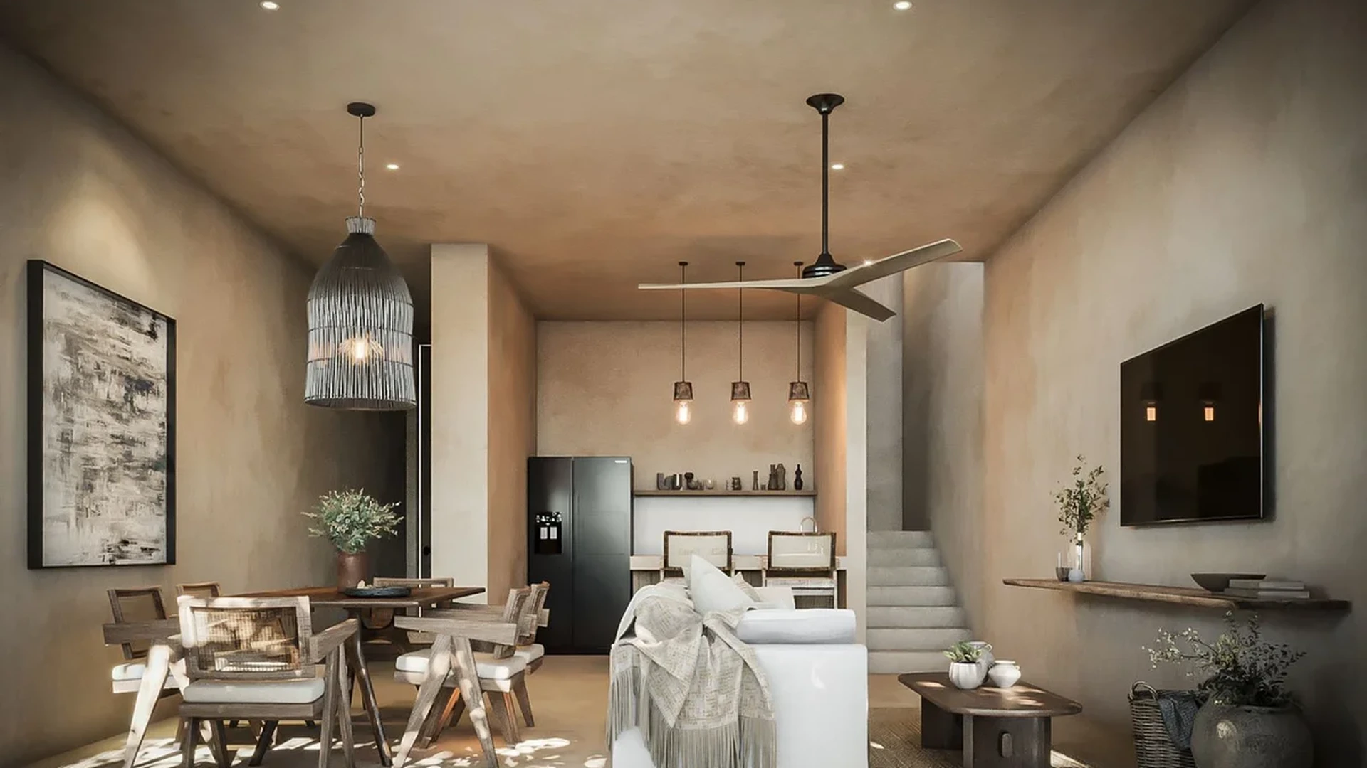 Image of a Open Concept Living, featuring Rustic Modern Design and Wabi-Sabi Aesthetic.