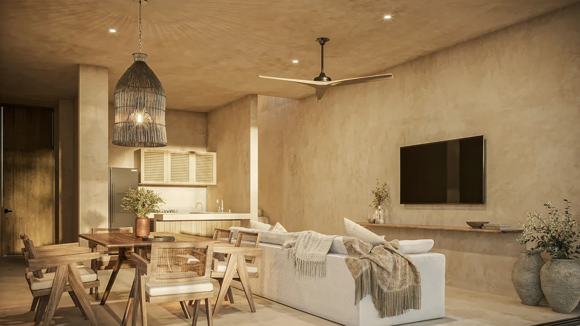 Image of a Open Concept Living, featuring Textured Plaster Walls and Boho Chic Interior.