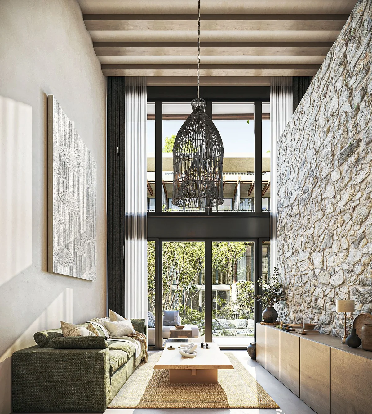 Image of a High-Ceiling Living Room, featuring Stone Accent Wall and Exposed Wood Beams.
