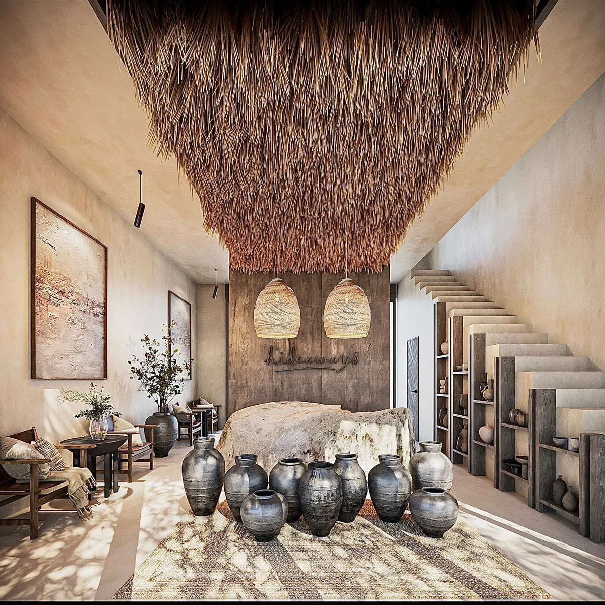Image of a Luxury Lobby, featuring Wabi-Sabi Design and Thatch Ceiling Installation.