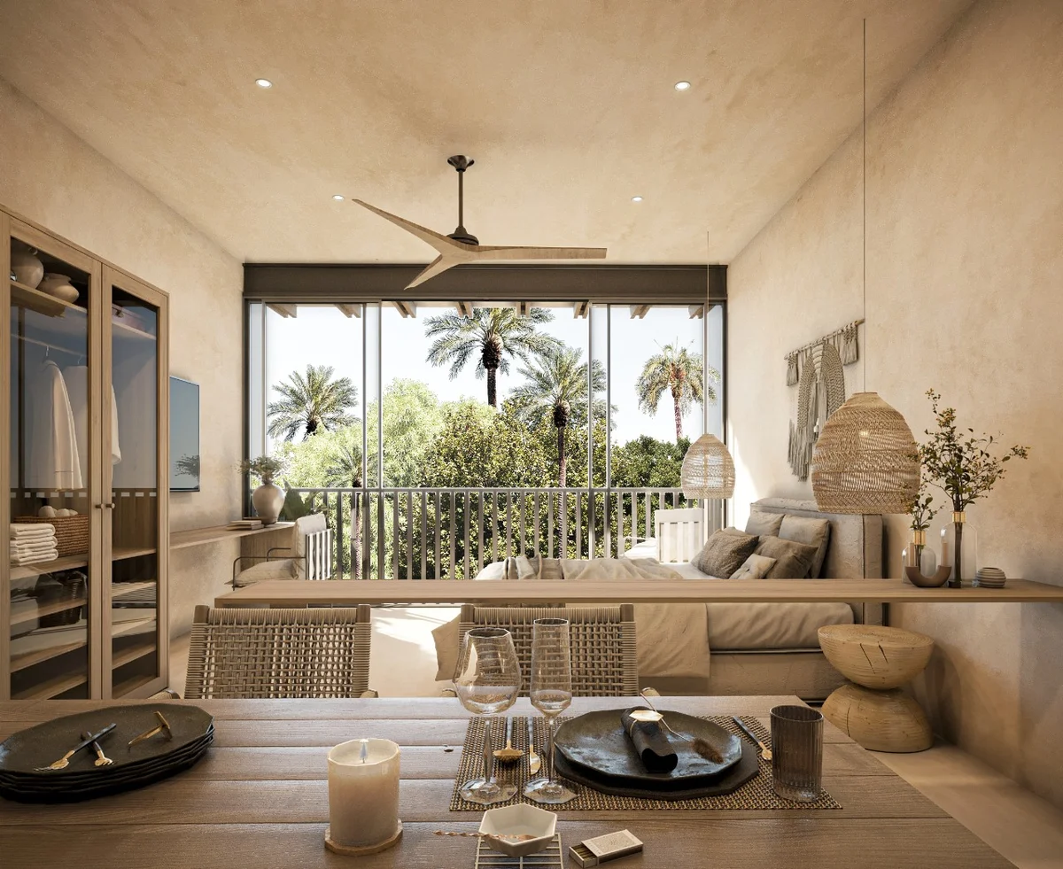 Image of a Studio Apartment, featuring Private Balcony and Japandi Style.