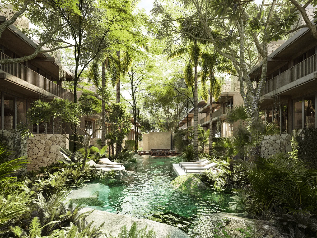 Image of a Lagoon-Style Pool, featuring Jungle Oasis Courtyard and Tropical Landscaping.