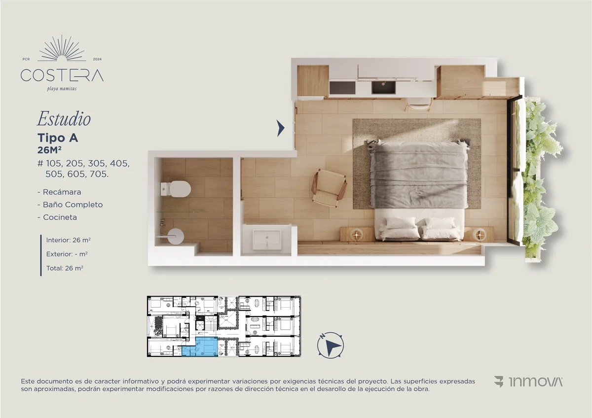 Image of a Studio Apartment, featuring Floor Plan Rendering and Modern Design.