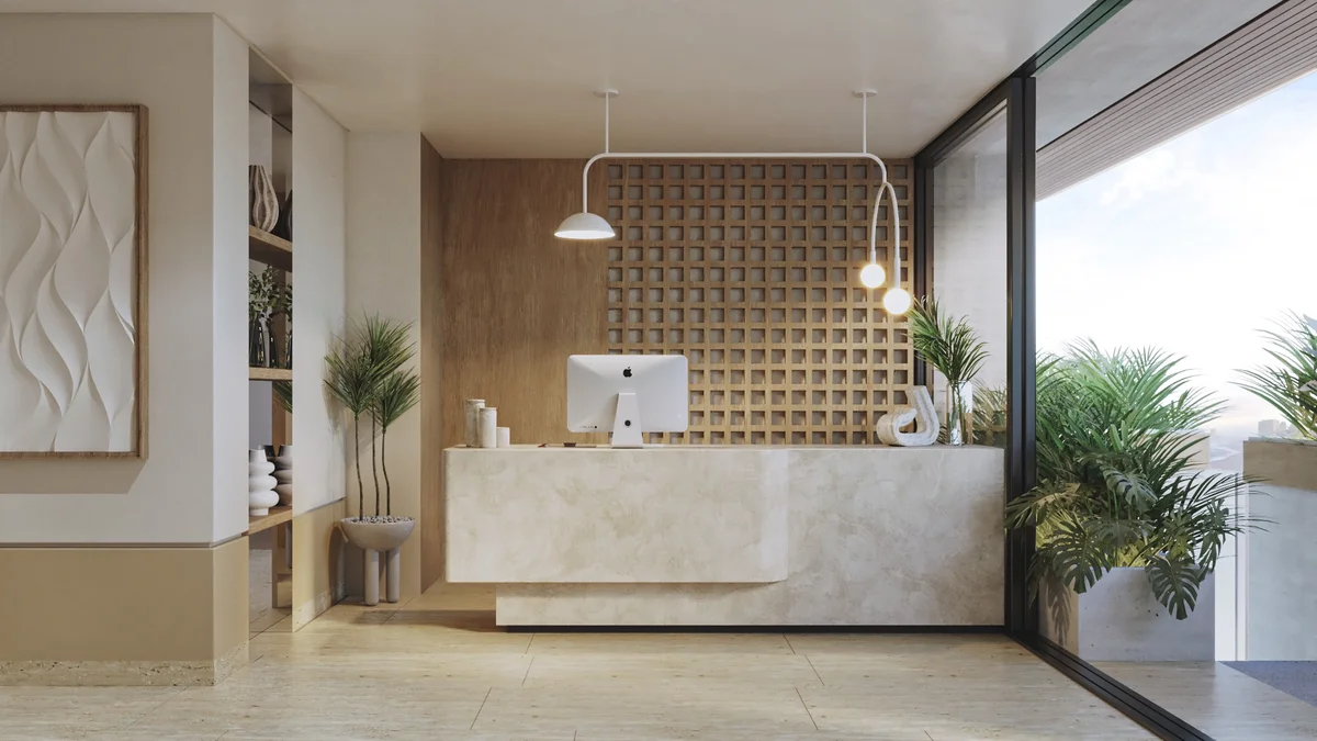 Image of a Modern Lobby, featuring Reception Area and Marble Reception Desk.