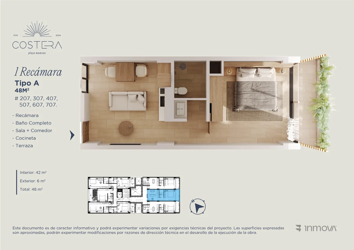 Image of a One-Bedroom Apartment, featuring Rendered Floor Plan and Private Terrace.