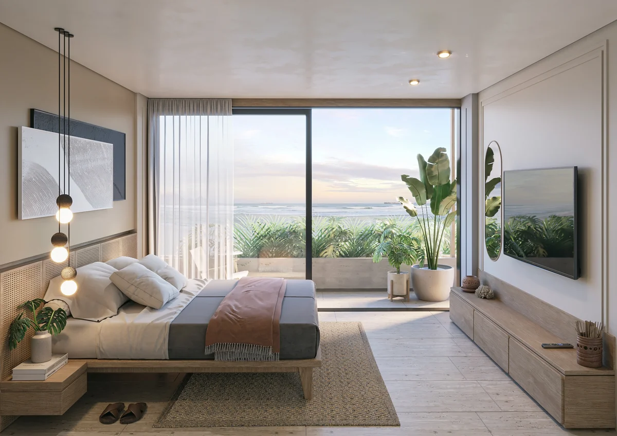 Image of a Master Bedroom, featuring Ocean View Balcony and Floor-to-Ceiling Windows.
