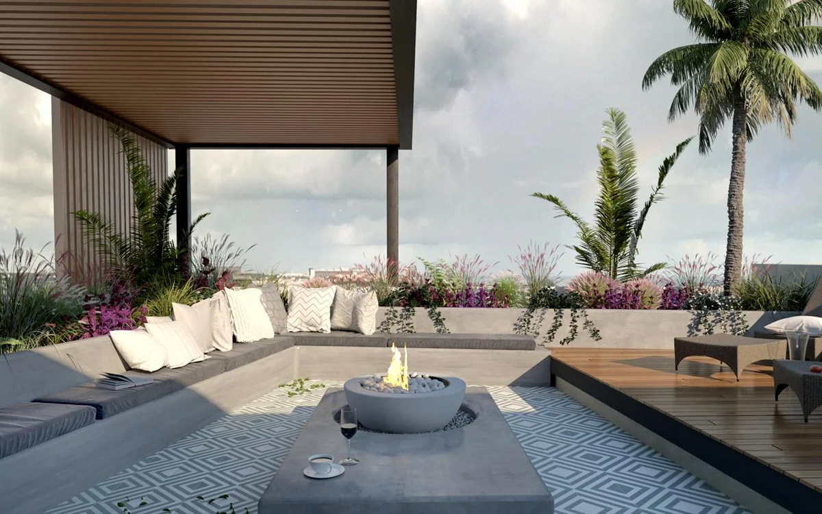 Image of a Rooftop Terrace, featuring Outdoor Lounge and Fire Pit.
