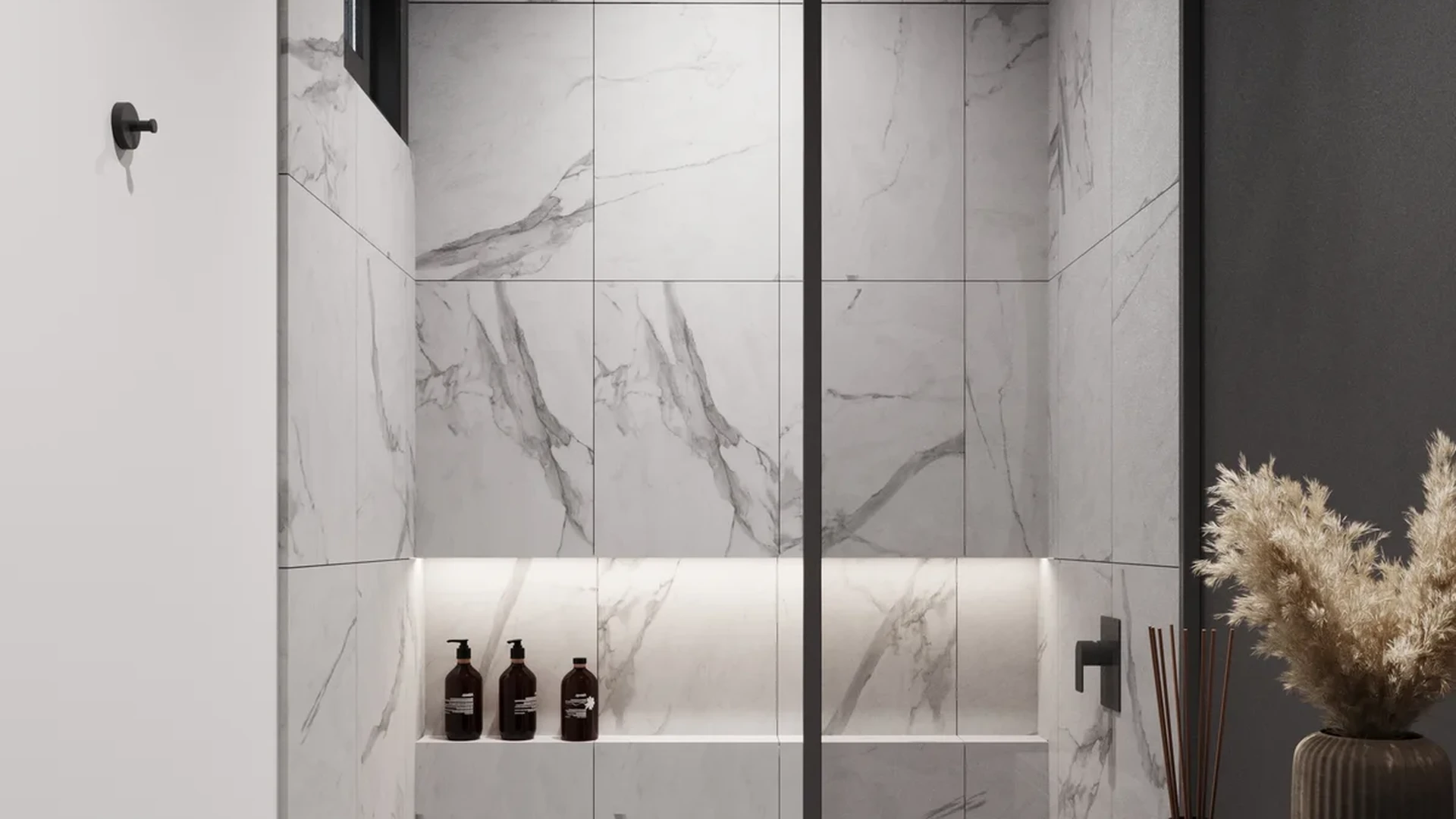 Image of a Modern Bathroom, featuring Walk-in Shower and Marble Tiling.