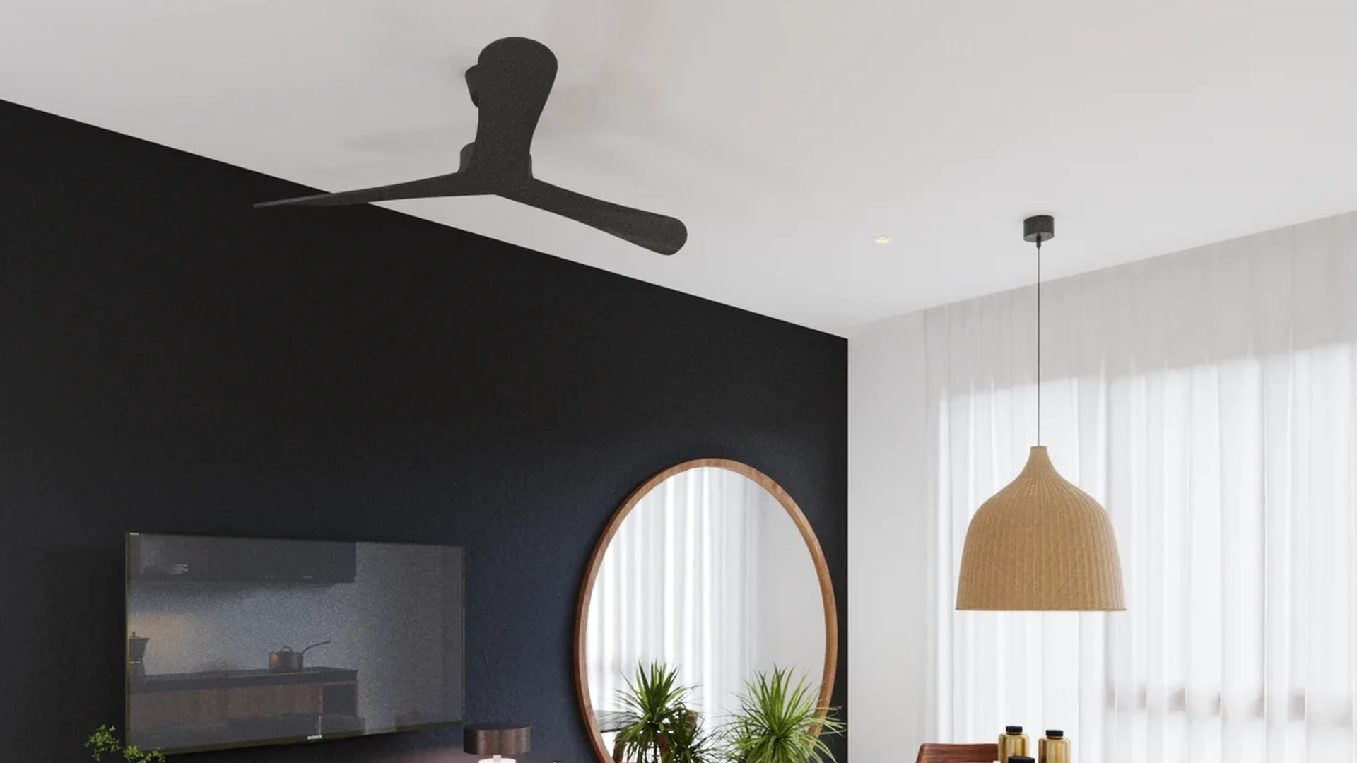 Image of a Open-Concept Living, featuring Modern Decor and Black Accent Wall.