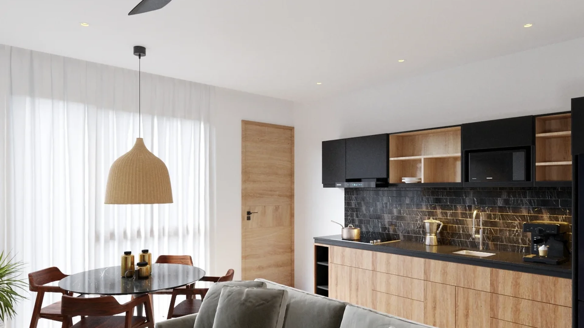 Image of a Open Concept Living, featuring Modern Kitchen and Natural Wood Cabinetry.