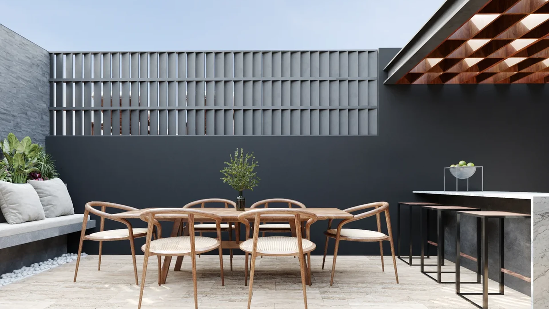 Image of a Modern Patio, featuring Outdoor Dining Area and Wooden Pergola.