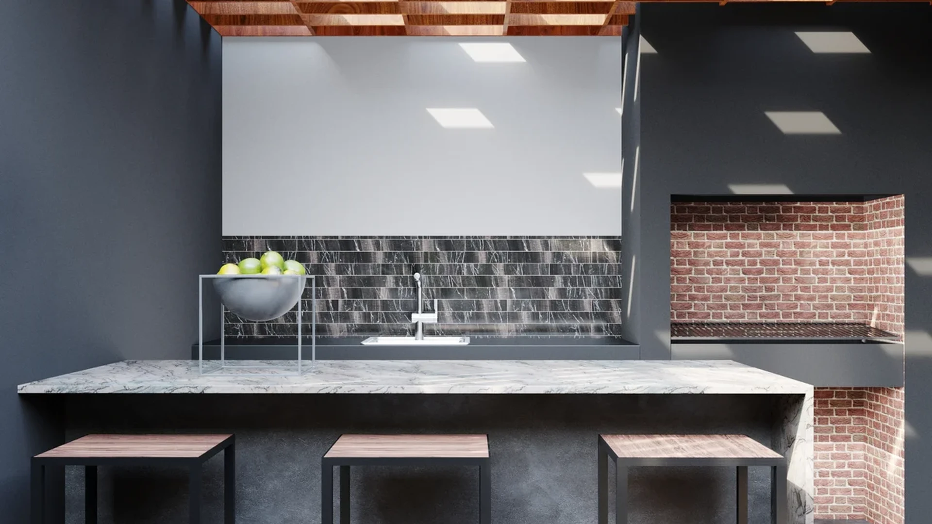 Image of a Outdoor Kitchen, featuring Marble Countertop and Wooden Pergola.