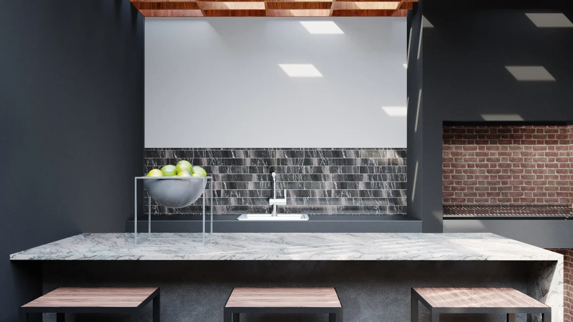 Image of a Outdoor Kitchen, featuring Marble Countertop and Breakfast Bar.