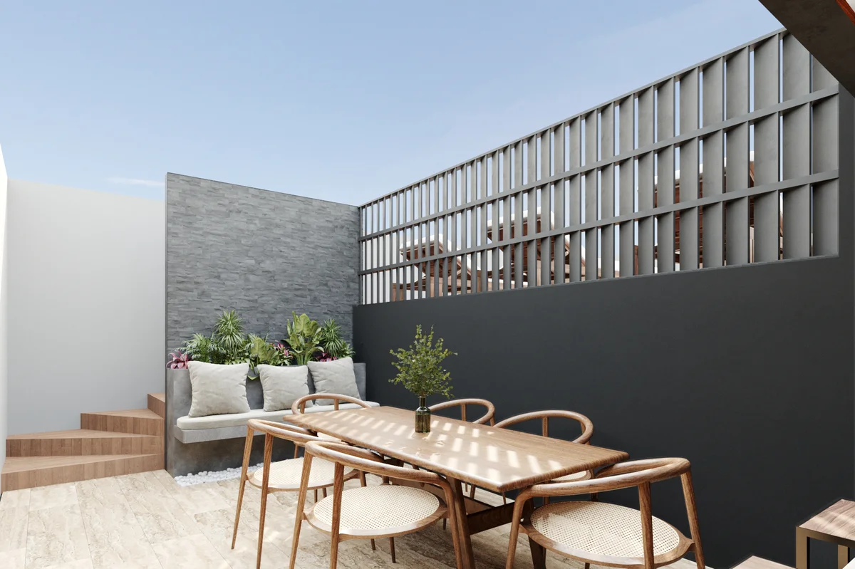 Image of a Private Patio, featuring Outdoor Dining Area and Stone Tile Flooring.