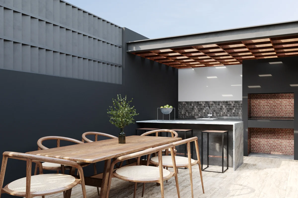 Image of a Outdoor Kitchen, featuring Outdoor Dining Area and Marble Countertops.