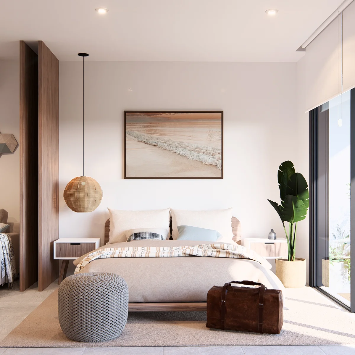 Image of a Modern Bedroom, featuring Coastal Inspired Decor and Natural Light.