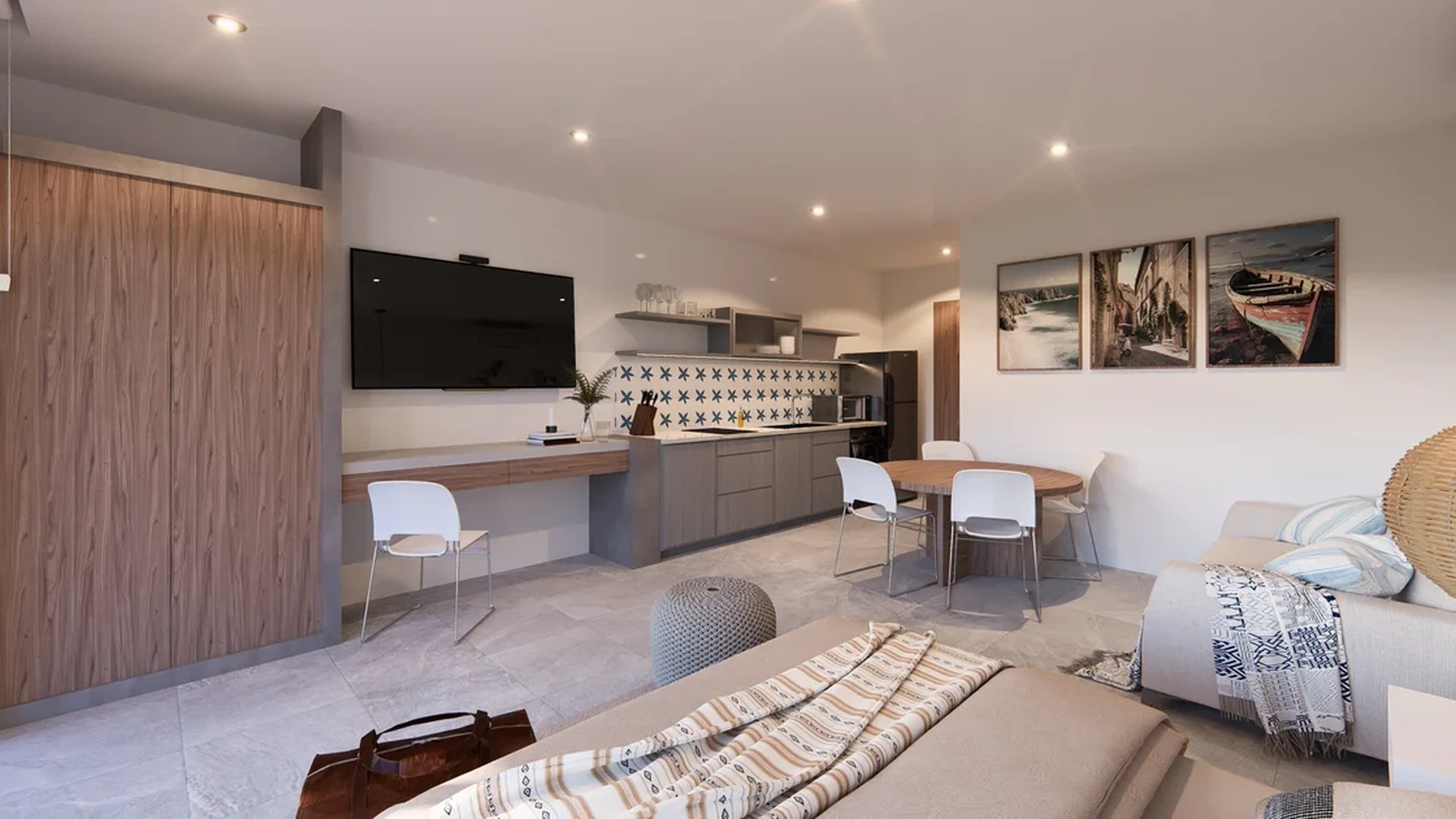 Image of a Open Concept Layout, featuring Modern Kitchenette and Built-in Workspace.