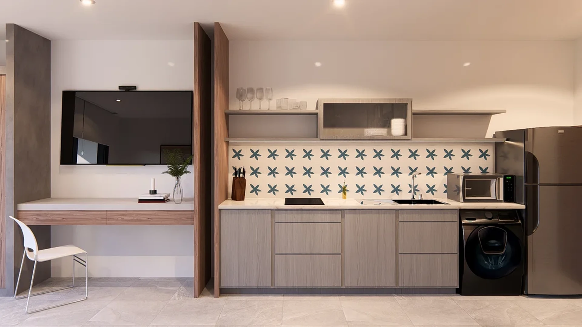 Image of a Modern Kitchenette, featuring Integrated Workspace and In-Unit Laundry.