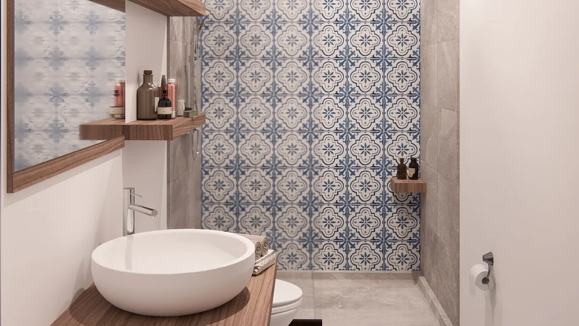 Image of a Modern Bathroom, featuring Walk-in Shower and Designer Tile Accent Wall.