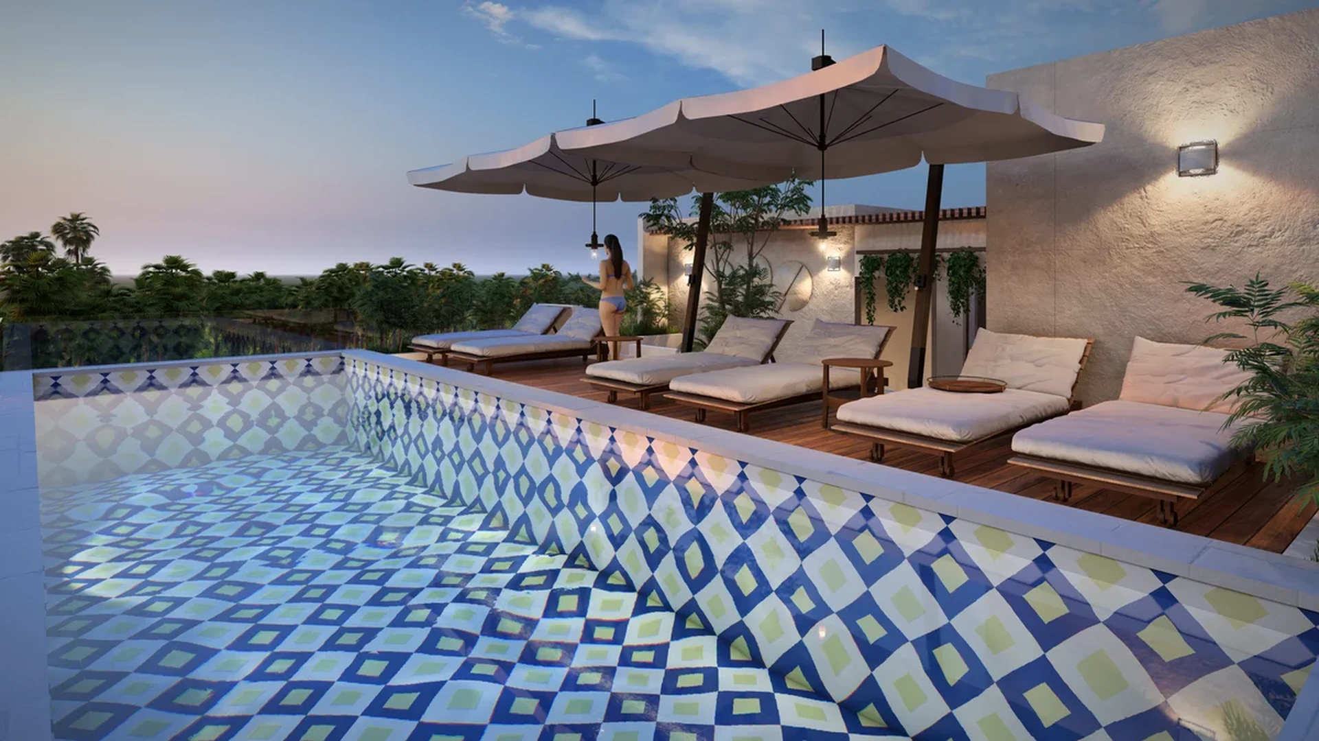 Image of a Rooftop Infinity Pool, featuring Designer Tiled Pool and Wooden Sundeck.