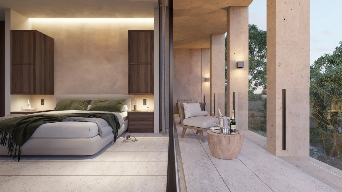 Image of a Bedroom Suite, featuring Private Balcony and Indoor-Outdoor Living.