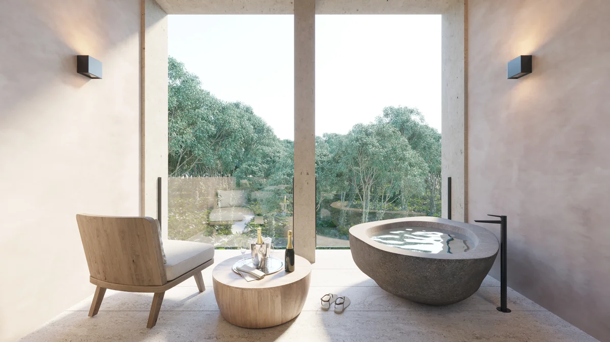 Image of a Private Balcony, featuring Stone Soaking Tub and Nature View.