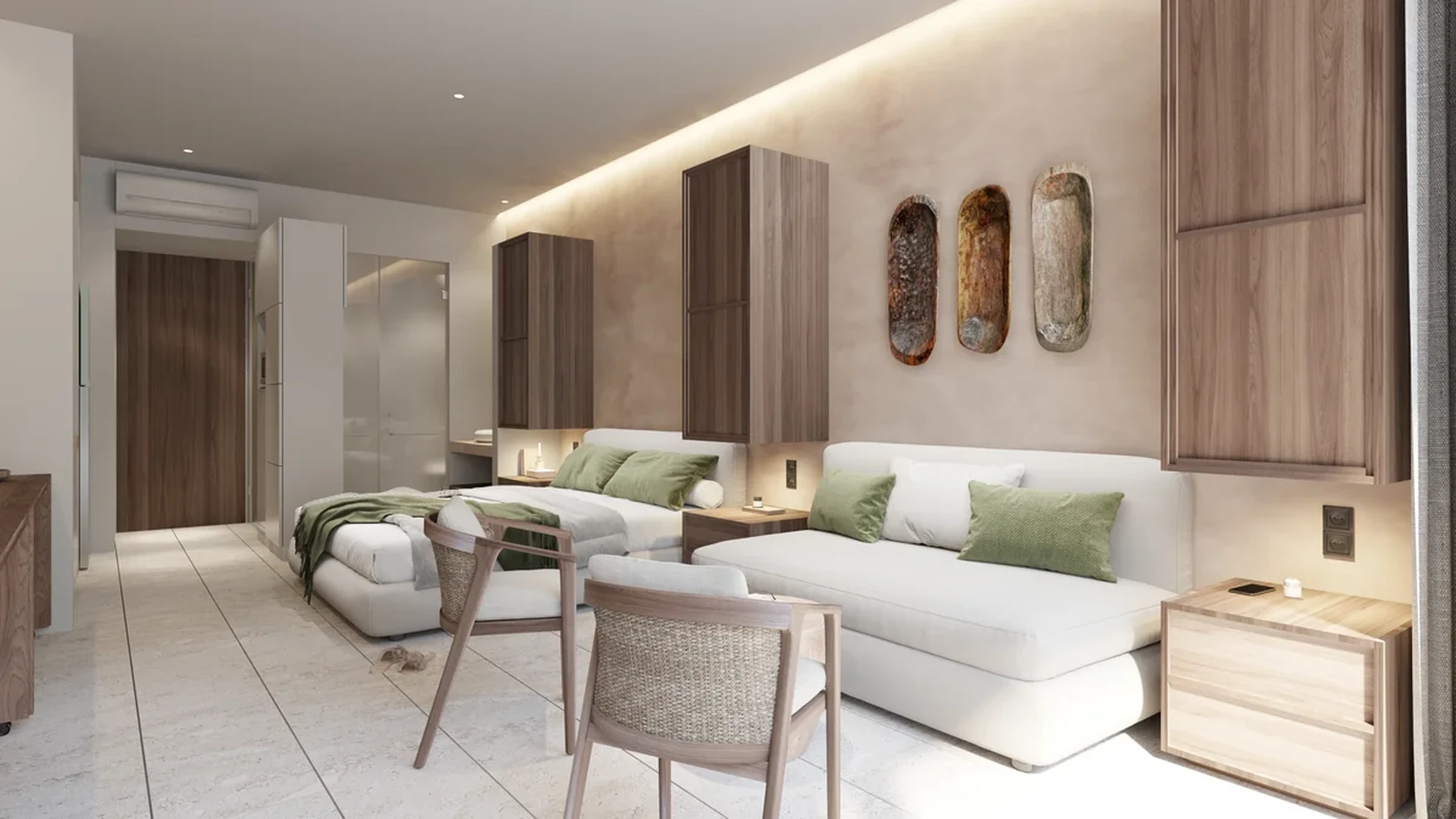 Image of a Hotel Suite, featuring Modern Bedroom Design and Wood Cabinetry.