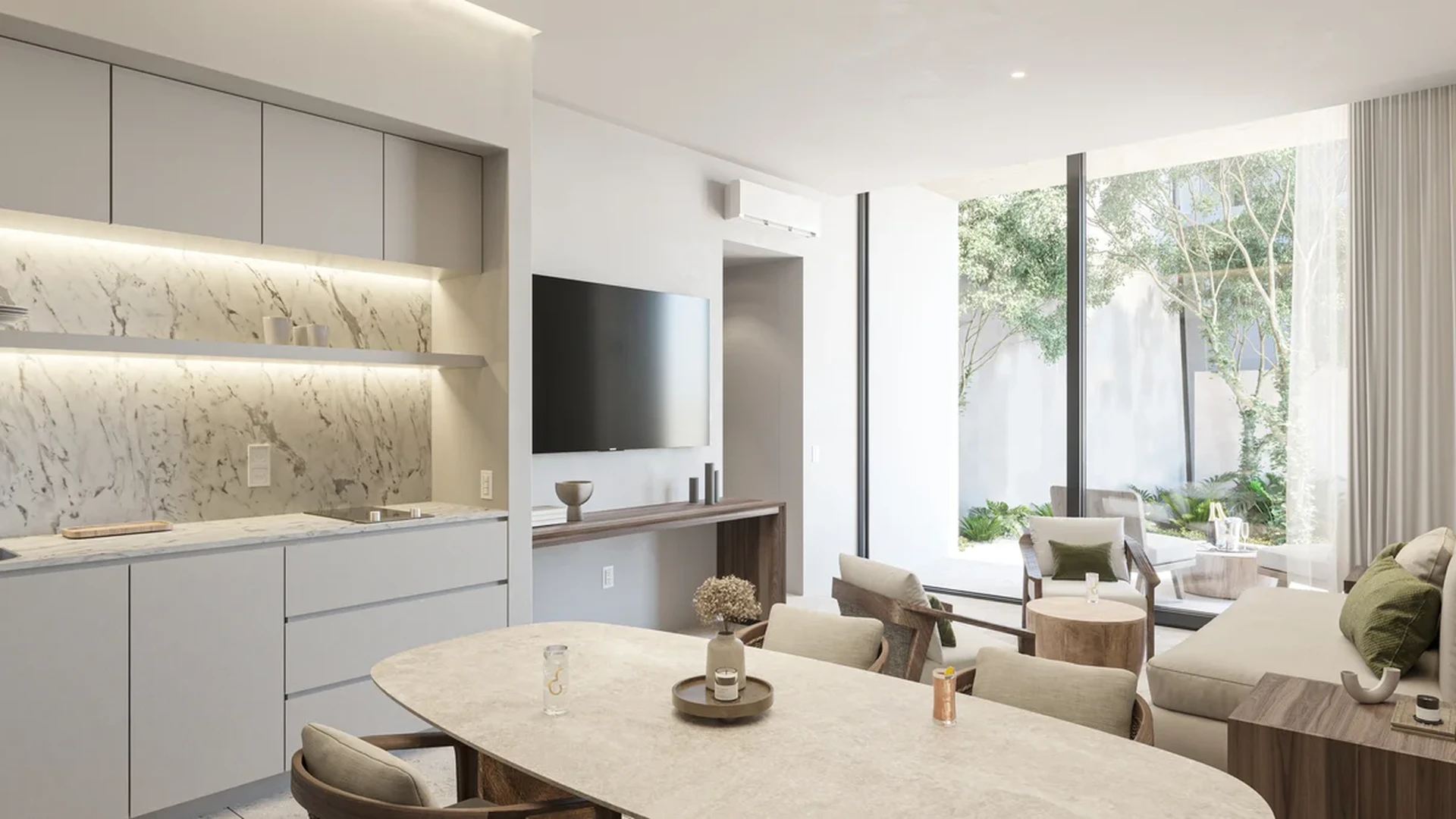 Image of a Open Concept Living, featuring Modern Kitchen and Marble Backsplash.