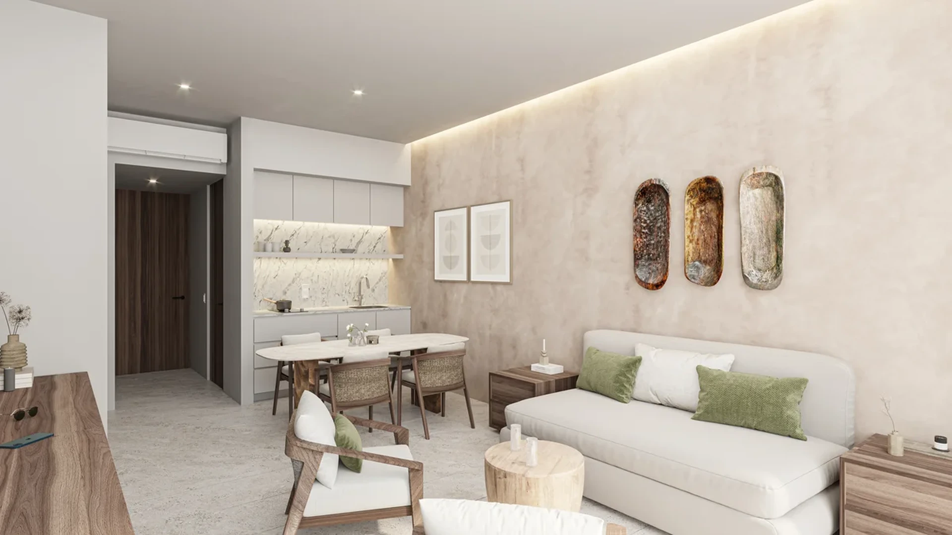 Image of a Open-Concept Living, featuring Modern Kitchenette and Marble Backsplash.