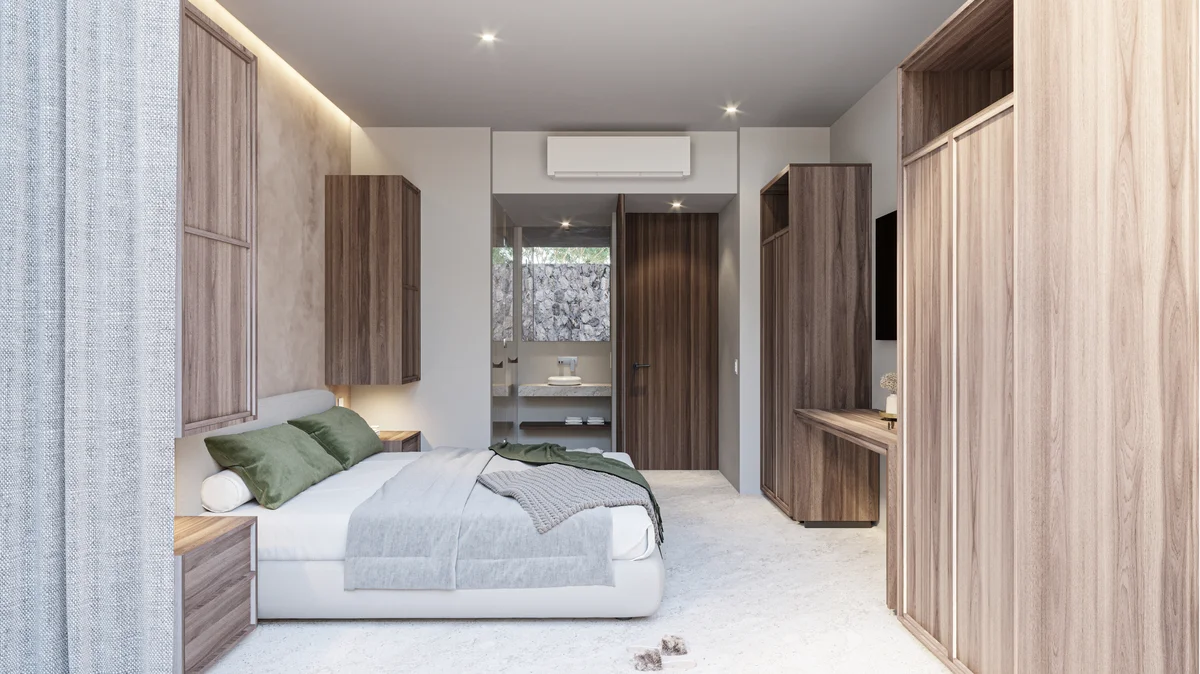 Image of a Bedroom Suite, featuring Ensuite Bathroom and Wood Finish Cabinetry.