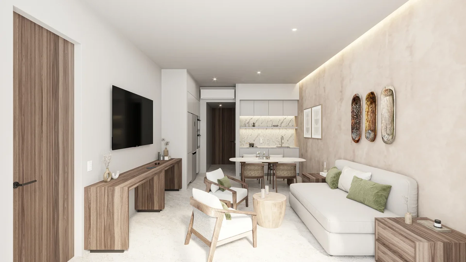 Image of a Open-Concept Living, featuring Modern Kitchen and Natural Wood Accents.