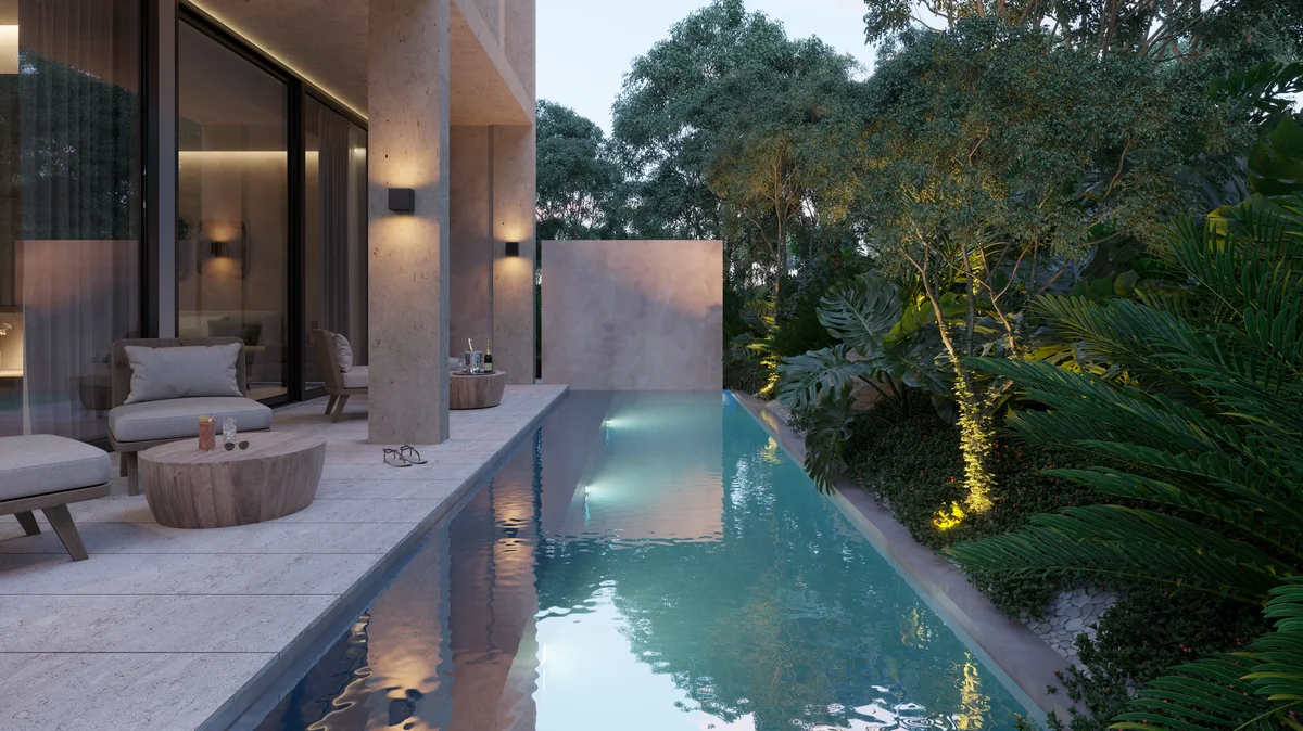 Image of a Private Lap Pool, featuring Poolside Patio and Lush Garden.