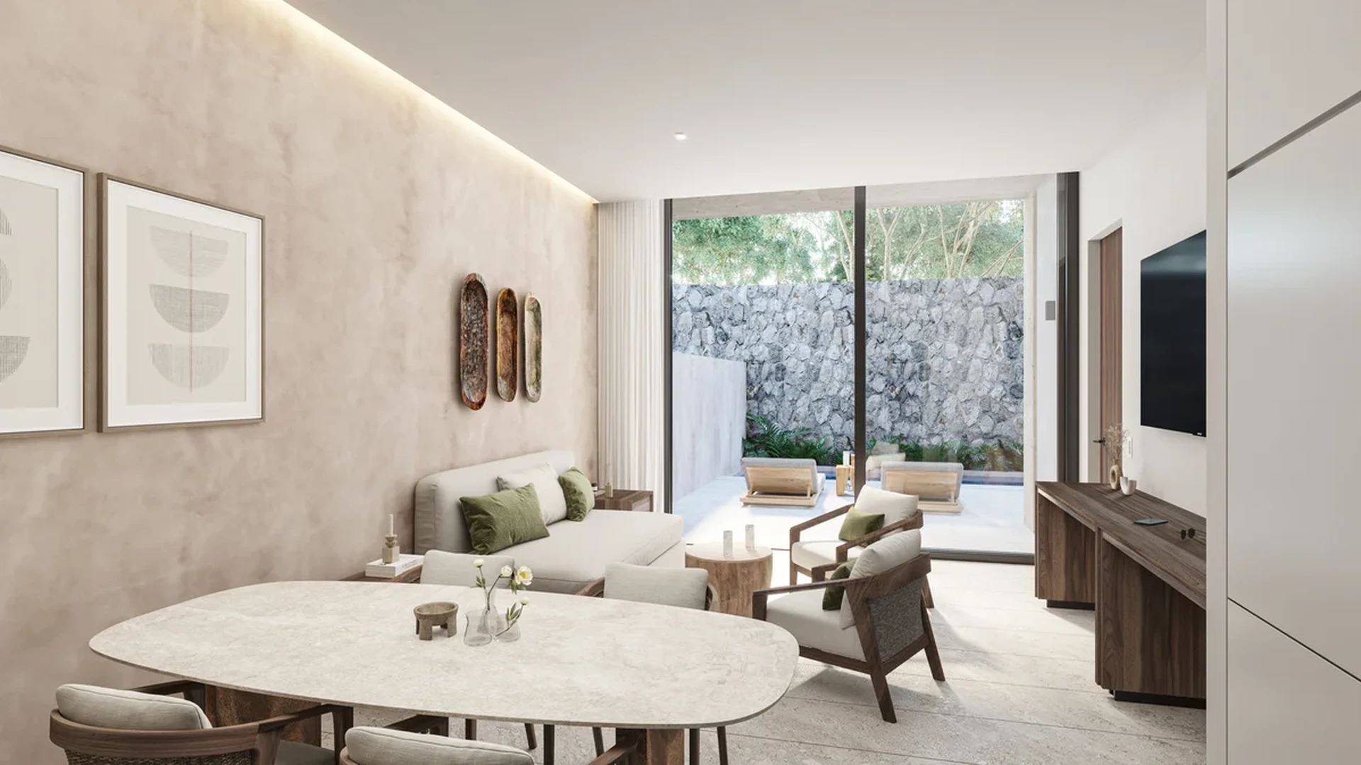 Image of a Open-Concept Living, featuring Private Terrace and Sliding Glass Doors.