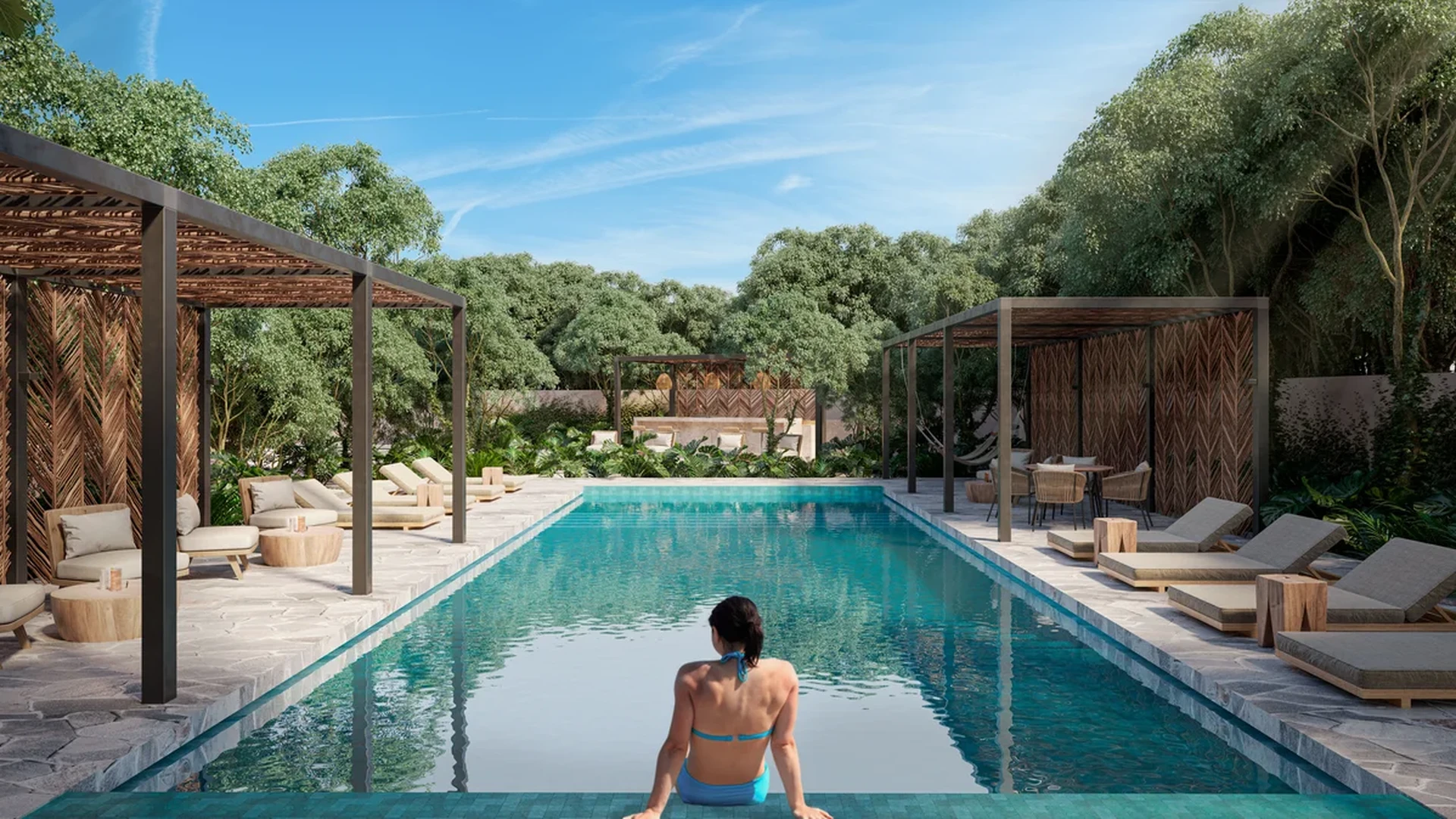 Image of a Resort-Style Pool, featuring Outdoor Lounge and Covered Pergolas.