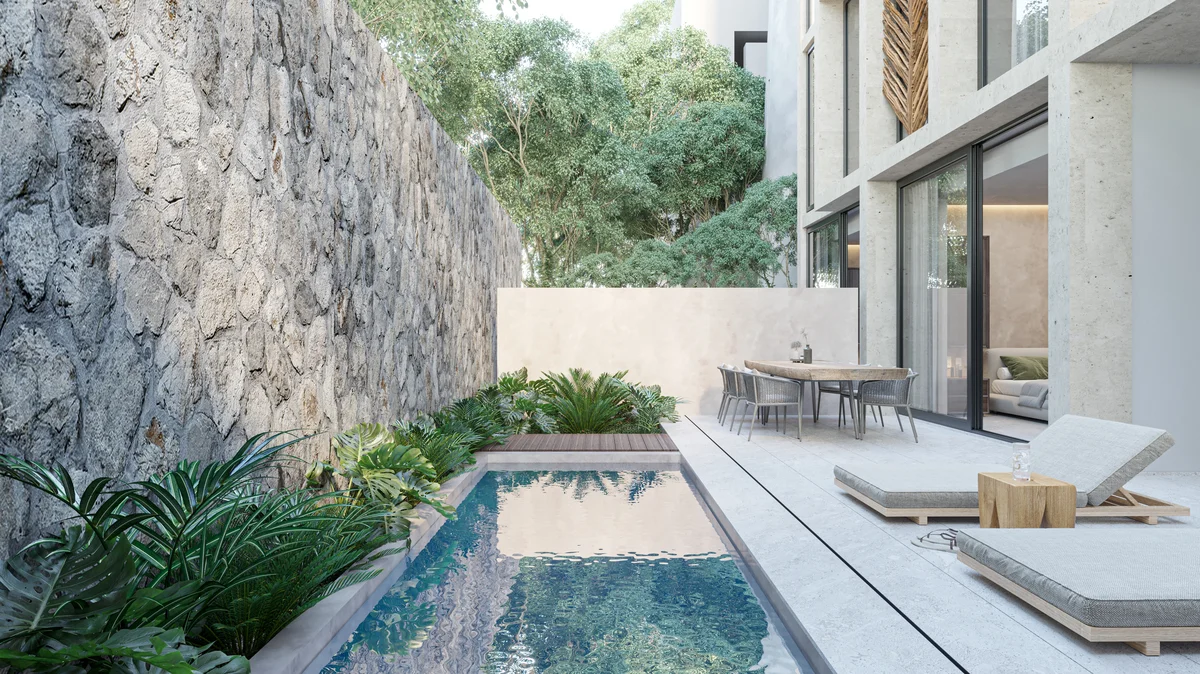 Image of a Private Plunge Pool, featuring Private Patio and Stone Accent Wall.