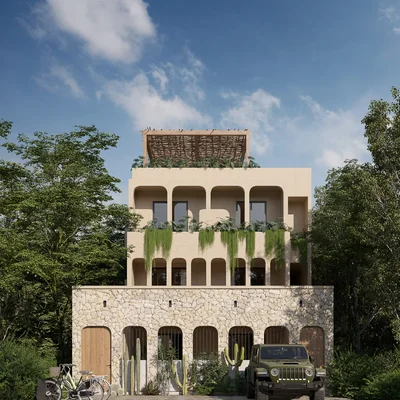 Image of a Modern Mediterranean Architecture, featuring Stone Facade Exterior and Boutique Residence.
