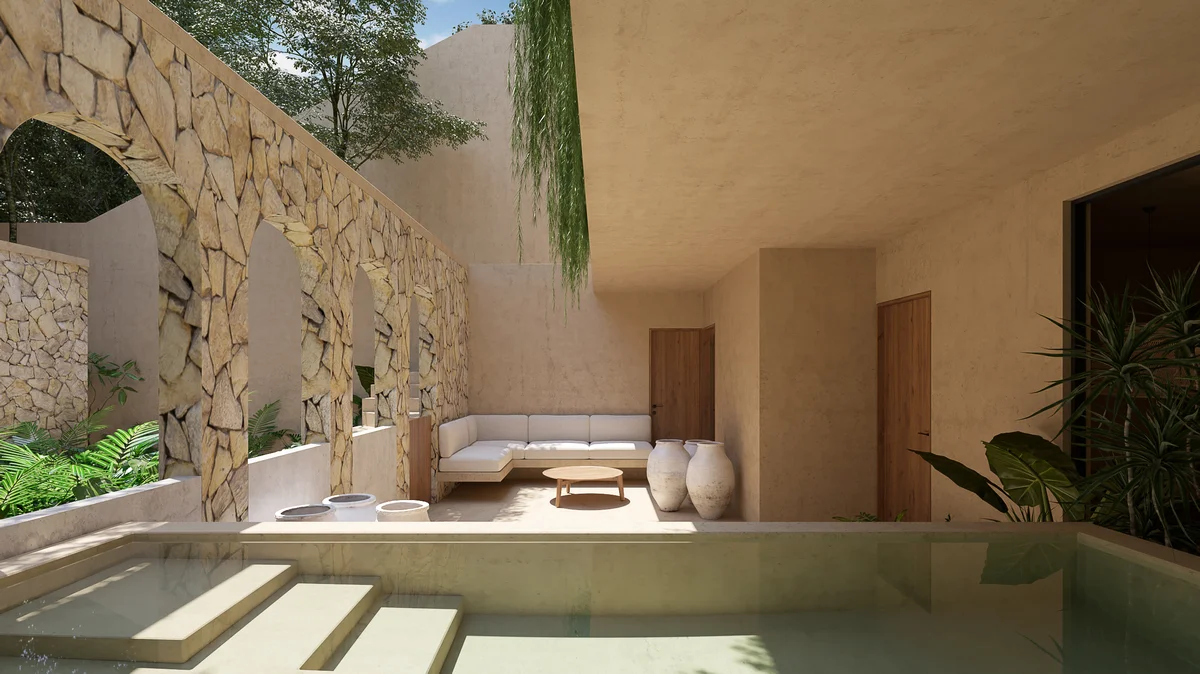 Image of a Private Plunge Pool, featuring Outdoor Lounge and Stone Archway.