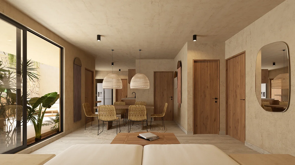 Image of a Open-Concept Living, featuring Bohemian Modern Design and Natural Textures.