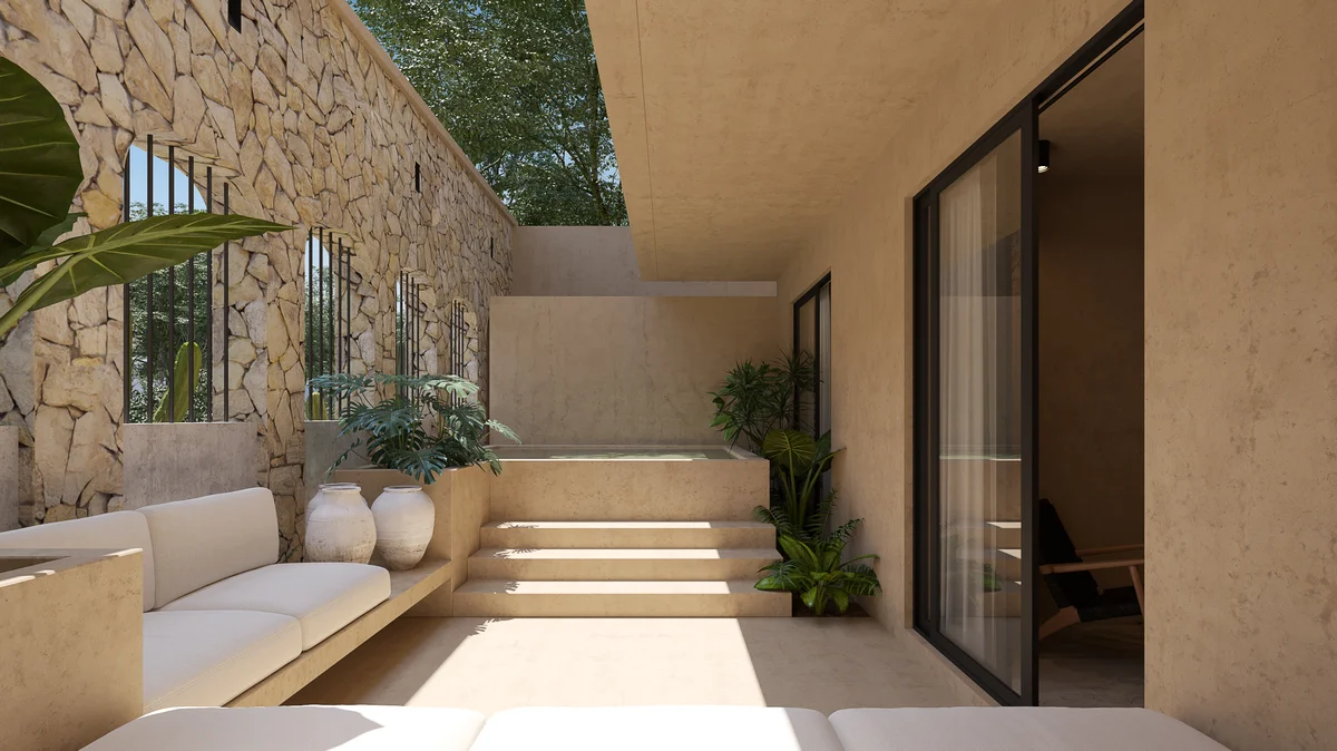 Image of a Private Plunge Pool, featuring Stone Wall Courtyard and Indoor-Outdoor Living.